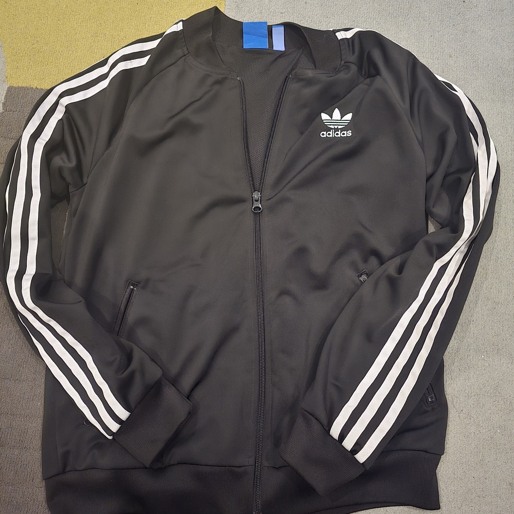 Adidas Men's Black Bomber Jacket with White Stripes